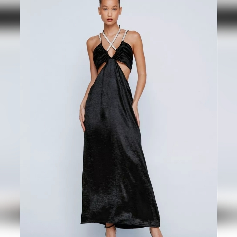 Diamante Strap Cut Away Satin Dress